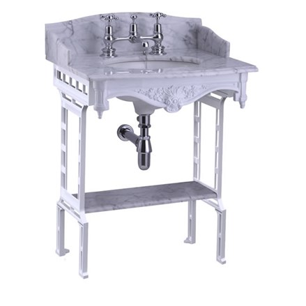 Carrara marble top & basin with white aluminium washstand (shown without back and side splash) & shelf